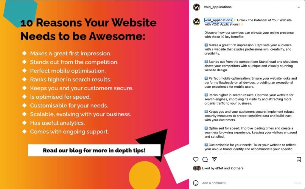 A screenshot of an Instagram Post that has been created using content from a website for the purposes of social interaction.