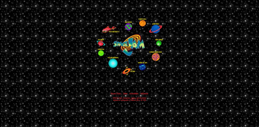 The original Space Jam website from 1996 was created as a promotional platform for the live-action/animated film "Space Jam," which featured basketball superstar Michael Jordan alongside the Looney Tunes characters. The website was designed during the early days of the internet when web design was still in its infancy.